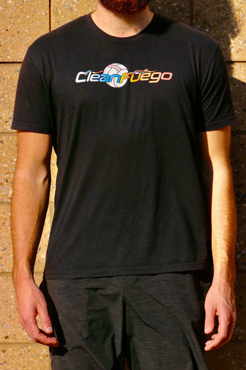 Black t-shirt with original CleanFuego logo across chest