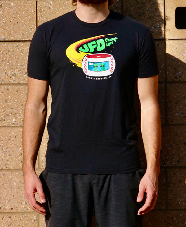 A 60/40 poly-cotton blended t-shirt with the CleanFuego UFO Change Ups design across the front.